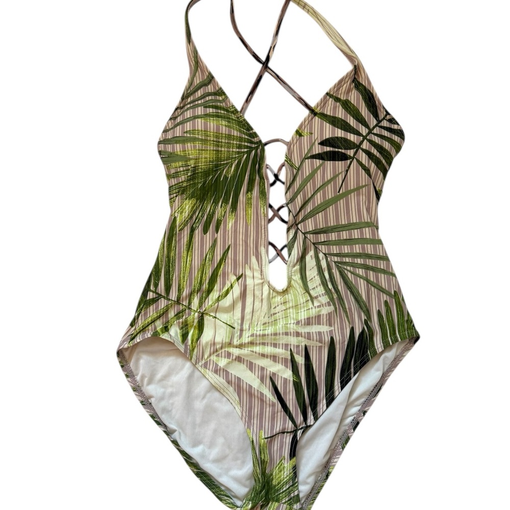 Vince Camuto Green and Tan One Piece Swimsuit with Strappy Back